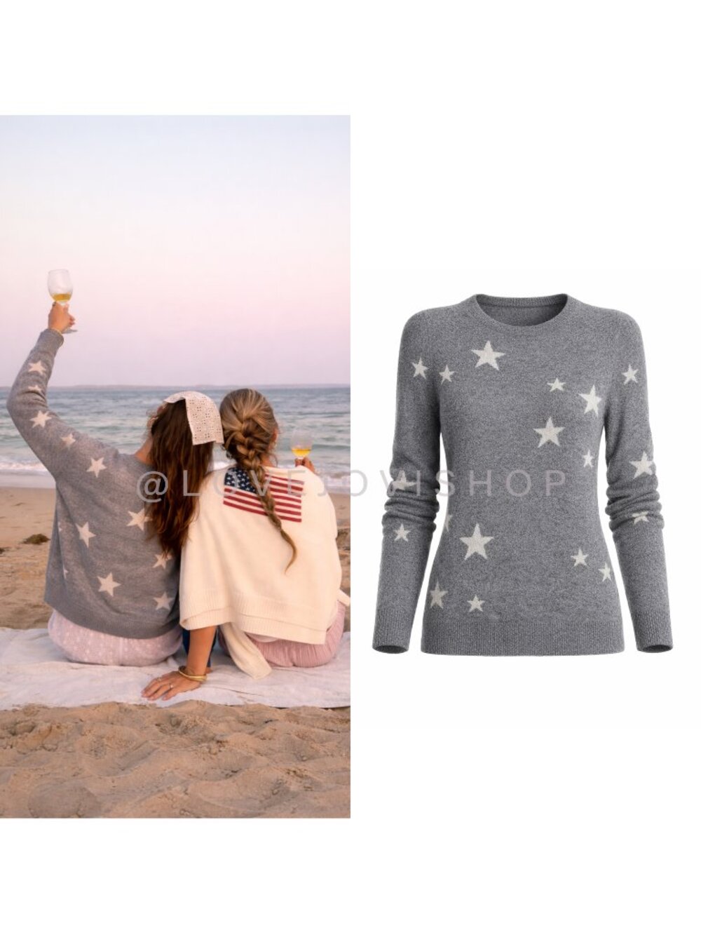 Sweater | NWT 100% Cashmere Star Intarsia Crewneck Gray| Americana Lightweight